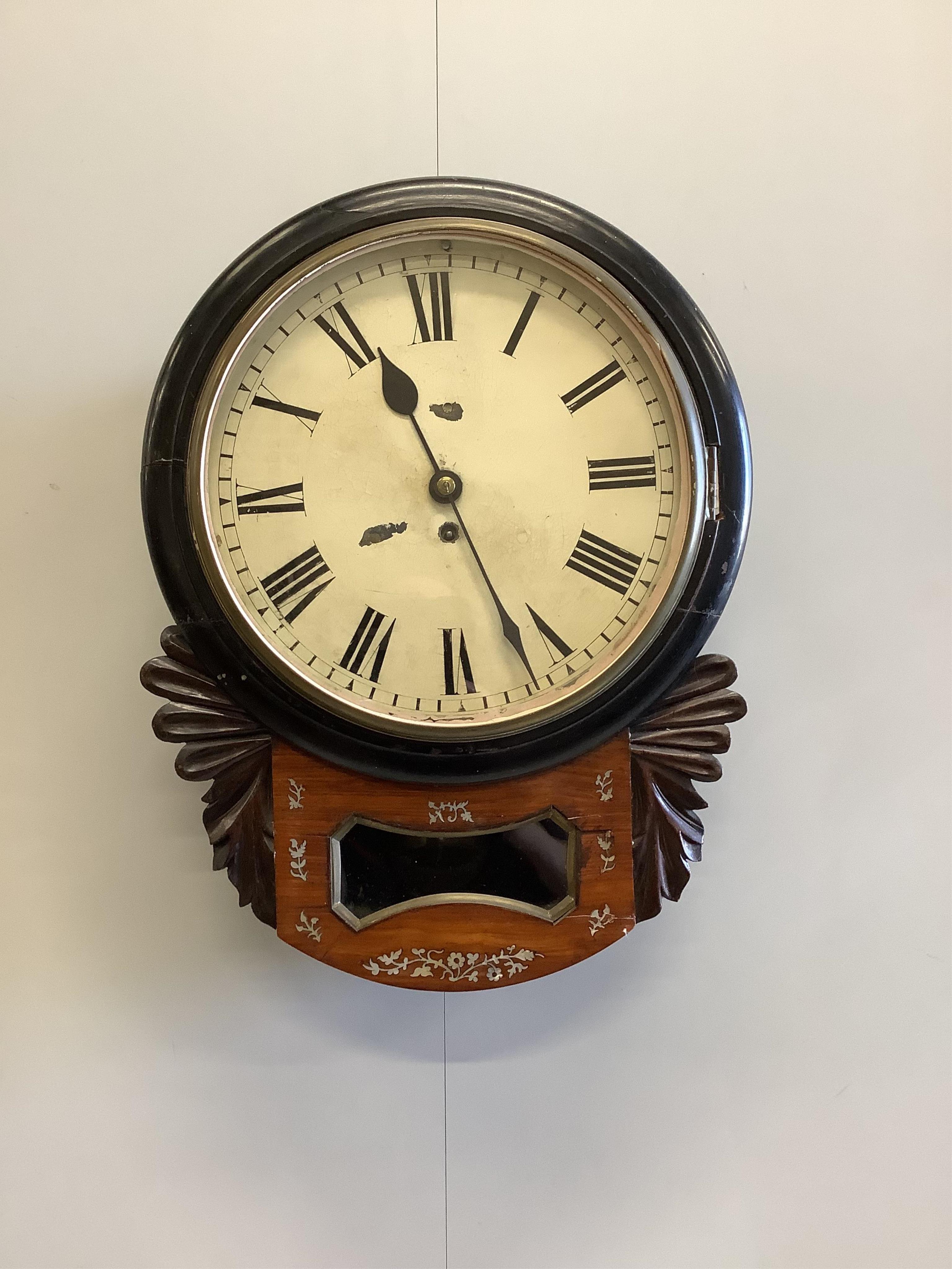 An early 19th century mother-of-pearl inlaid drop dial wall timepiece, width 38cm, height 50cm